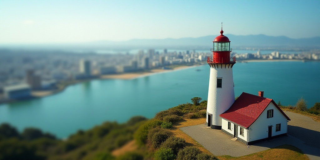 a view of a city and a body of water from a bird's eye view of a lighthouse, Estuardo Maldonado, ton