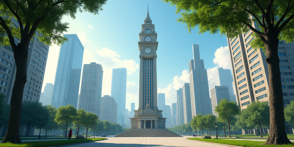 a view of a city with tall buildings and a clock tower in the foreground, and a tree in the foregrou