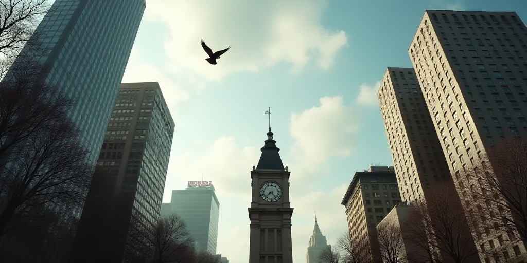 a view of a city with tall buildings and a clock tower in the foreground, and a bird flying overhead