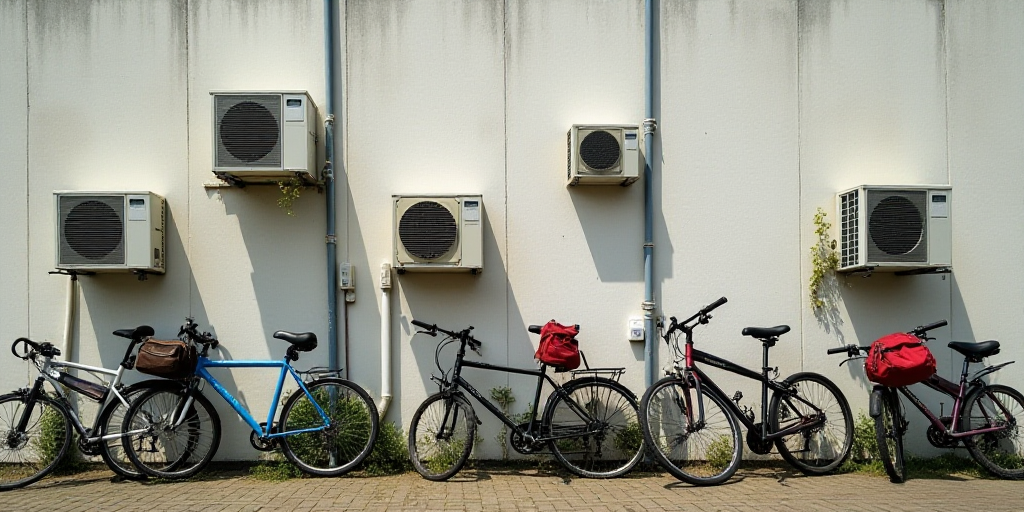 a wall with several bikes and a couple of air conditioners on it's sides and a red backpack on the o