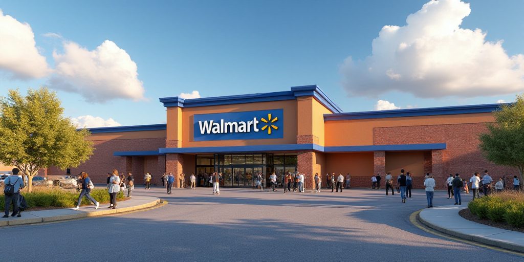 a walmart store with people walking around it and a sign that says walmart on the wall above the ent