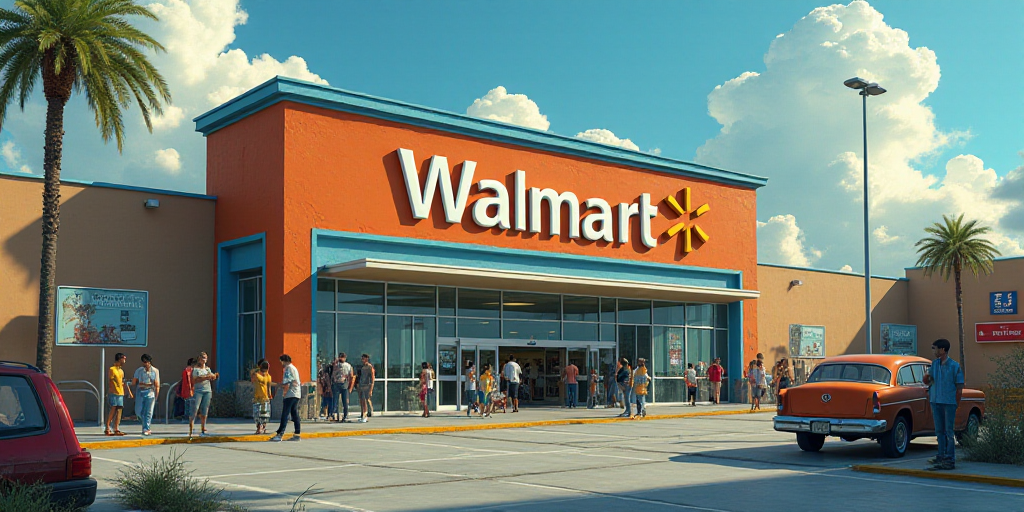a walmart store with people walking around it and a sign that says walmart on the wall above the ent