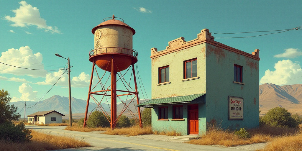 a water tower next to a building with a clock on it's side and a window on the other side, Elbridge