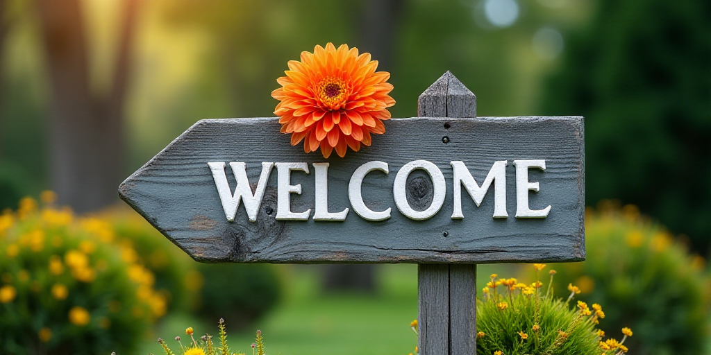 a welcome sign with a colorful flower on top of it in front of trees and bushes in the background, A