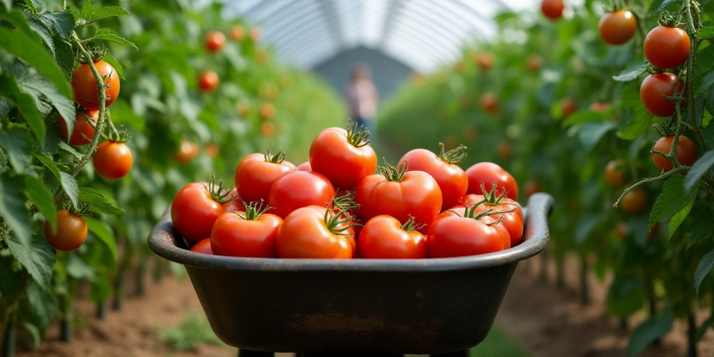 a wheelbarrow full of tomatoes in a greenhouse with green leaves and tomatoes growing on the vine to