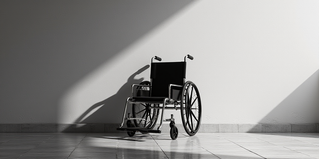 a wheelchair is sitting in front of a wall with a black and white background and a black and white p