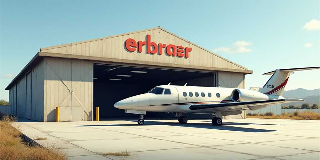 a white airplane parked in front of a hangar with a sign that says embraer on it's side, Elbridge Ay