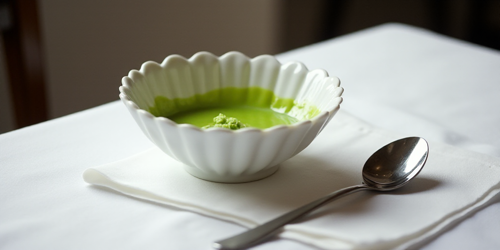 a white bowl with a green substance in it and a fork next to it on a table with a white table cloth,