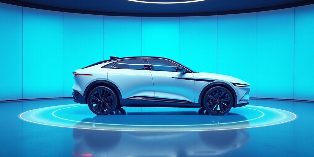 a white car is on display in a showroom with a blue background and a blue wall behind it, Ai-Mitsu,
