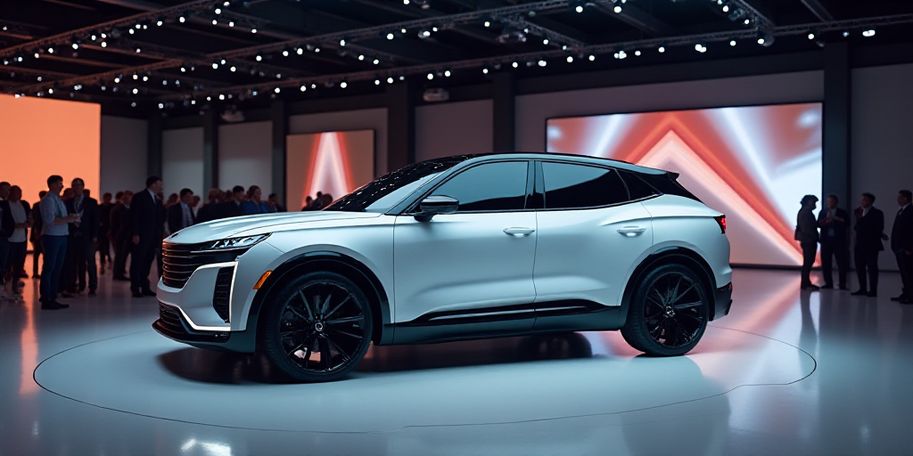 a white suv parked in a showroom with people standing around it at night time and a stage with light