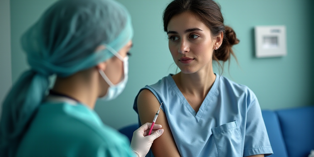 a woman getting a vaccium from a doctor in a hospital room with a needle in her arm, Évariste Vital