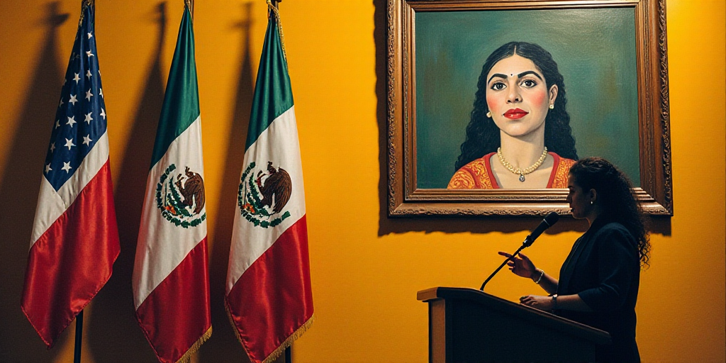 a woman giving a speech in front of flags and a painting of a woman in mexico on the wall, David Alf