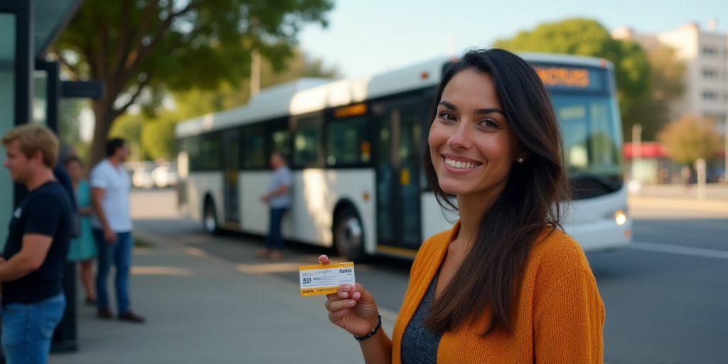 a woman holding a card in front of a bus stop with a bus in the background and people standing aroun