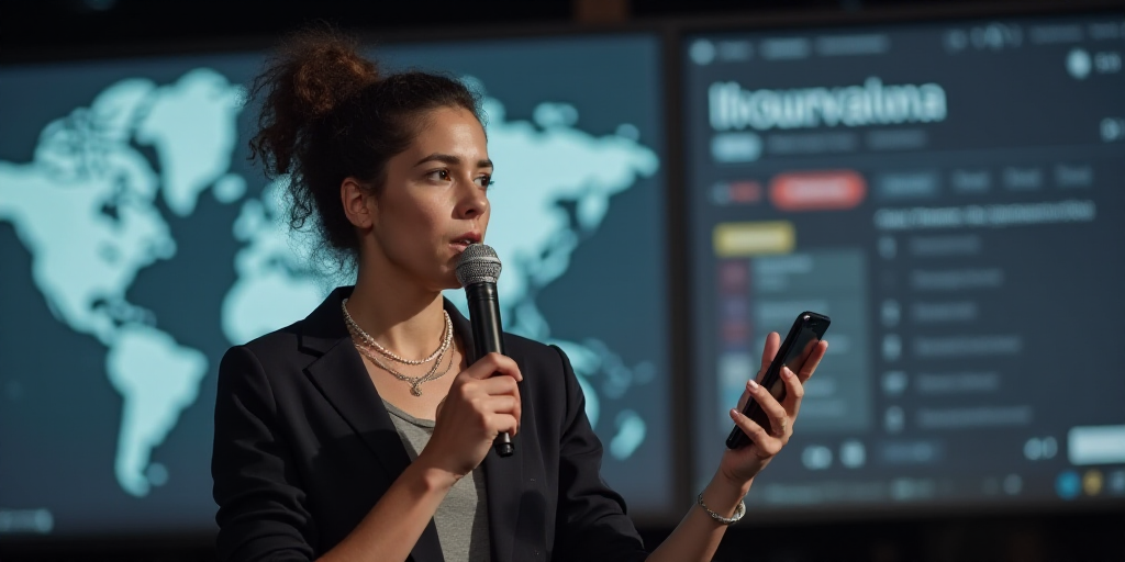 a woman holding a cell phone in her right hand and a microphone in her left hand, with a large scree
