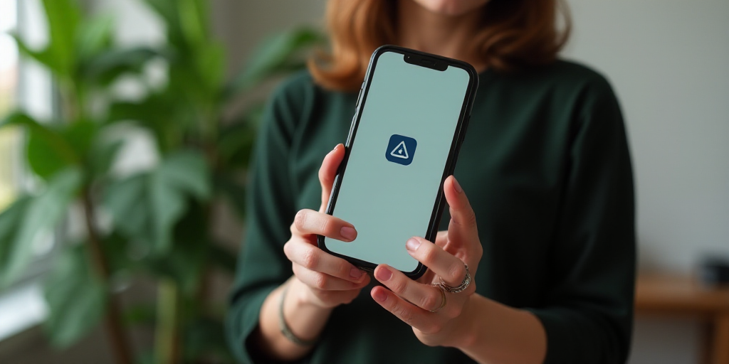 a woman holding a cell phone with a logo on it in her hand and a plant in the background, Aquirax Un