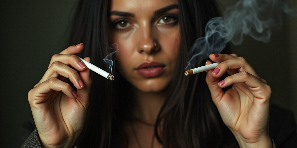a woman holding a cigarette in her hands and a cigarette in the other hand, with a cigarette in the