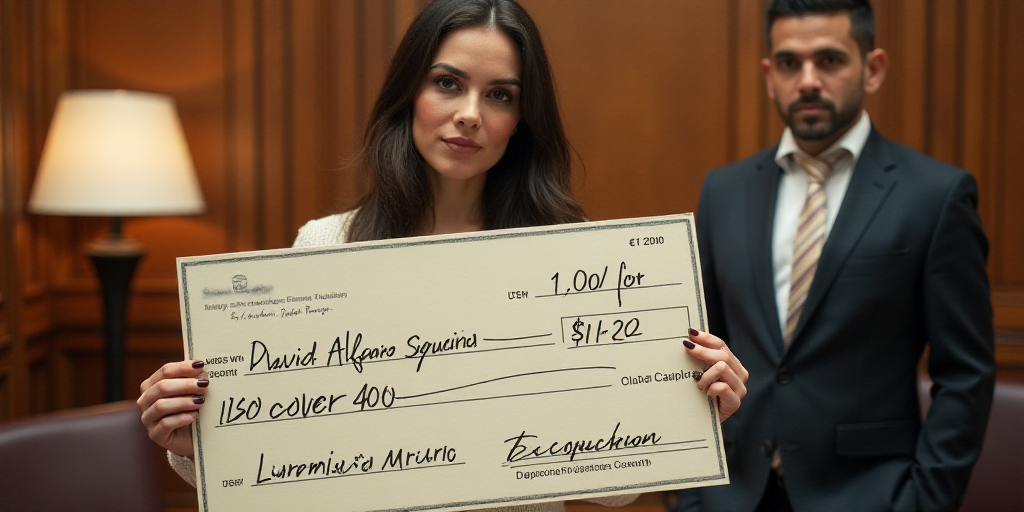 a woman holding a large check for $ 1, 000 in front of a woman in a suit and tie, David Alfaro Sique
