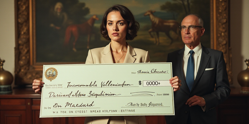 a woman holding a large check for $ 1, 000 in front of a woman in a suit and tie, David Alfaro Sique