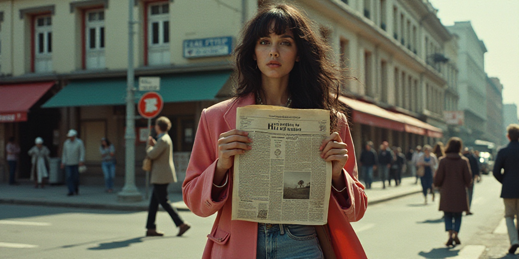 a woman holding a newspaper in her hands on a street corner with people walking by and a building in