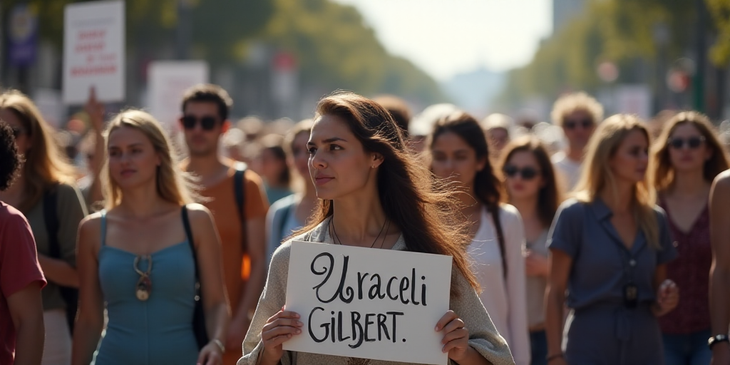a woman holding a sign in a parade with other people holding signs in the street behind her and a si