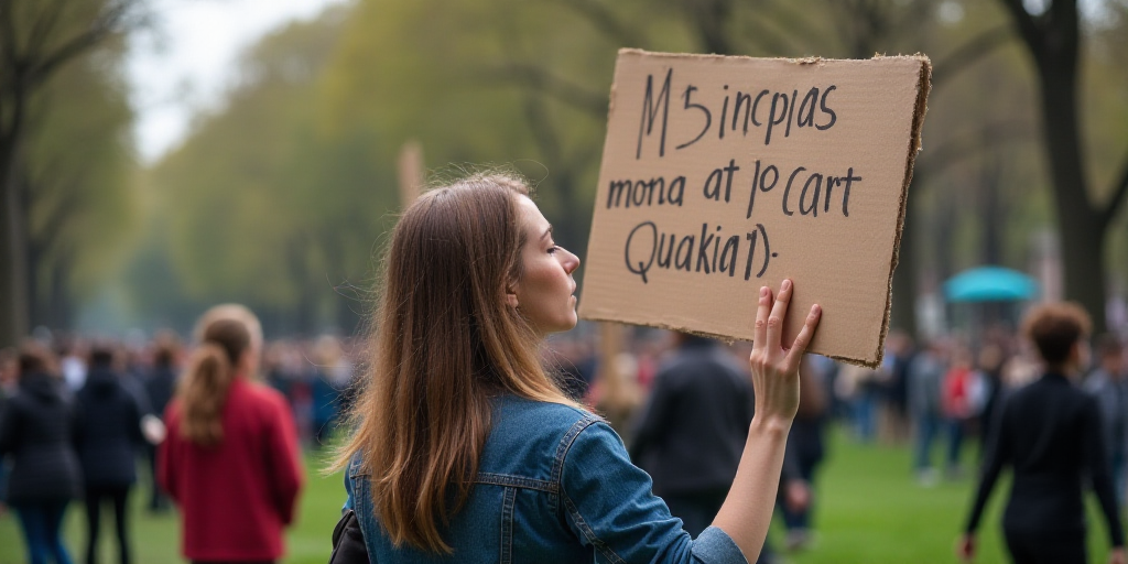a woman holding a sign in a protest in a park with other people in the background and a crowd of peo