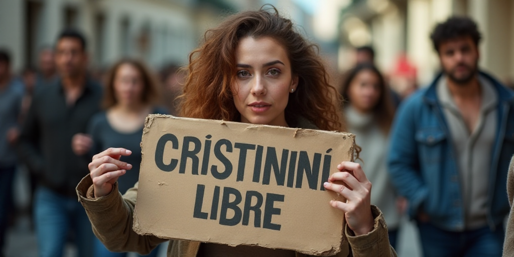 a woman holding a sign with a picture of a woman holding a sign that says cristinini libre, Celia Fi