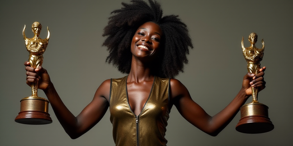 a woman holding two awards in her hands and smiling at the camera with her hands in the air,, Chinwe