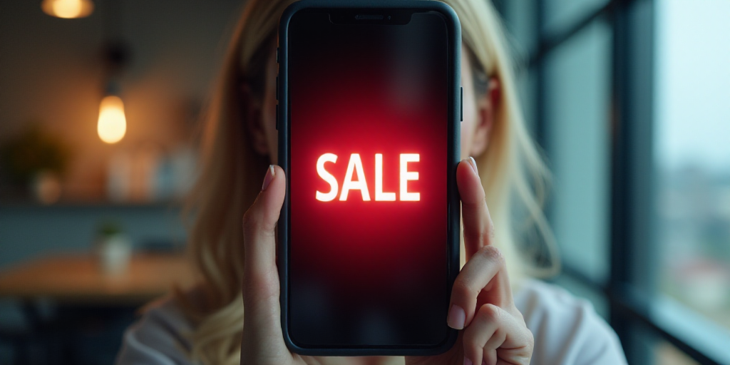 a woman holding up a cell phone with a hot sale on it in front of her face and a window, Andries Sto