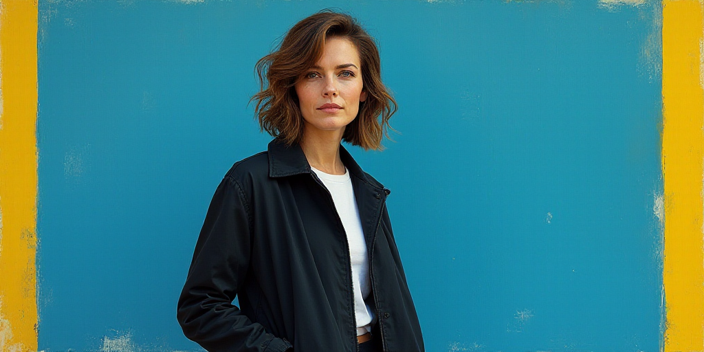 a woman in a black jacket and white shirt is standing in front of a blue background with a yellow bo