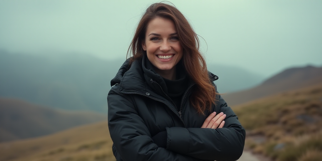 a woman in a black jacket is smiling for the camera with her arms crossed and her hands folded in fr