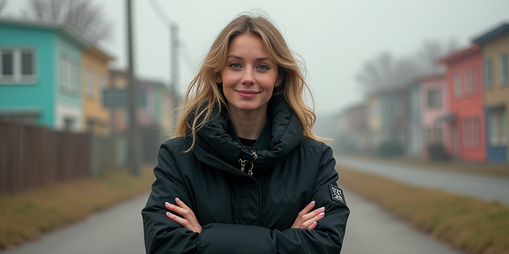 a woman in a black jacket is smiling for the camera with her arms crossed and her hands folded in fr