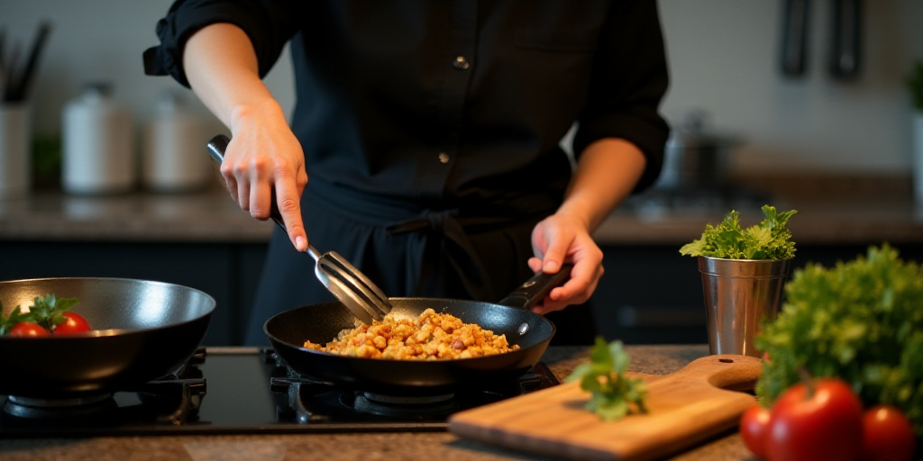 a woman in a black shirt is cooking food on a stove top with a spatula in her hand, Frances Jetter,