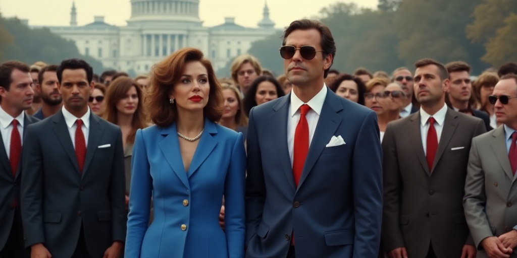a woman in a blue suit and a man in a red tie and sunglasses are standing in front of a crowd of peo