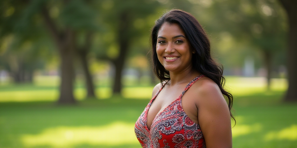 a woman in a colorful dress smiles for the camera while standing in a park with trees in the backgro