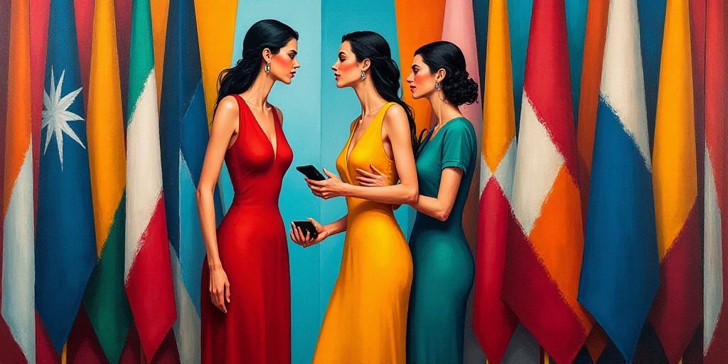 a woman in a colorful dress talking to two other women in front of flags and mirrors with a cell pho