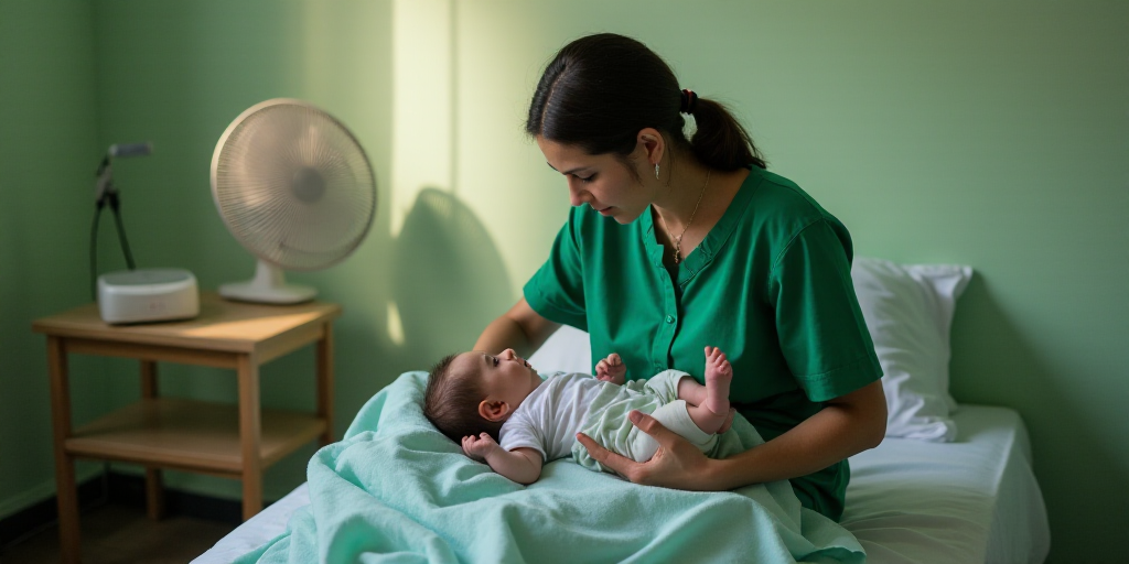 a woman in a green shirt is holding a baby in a bed with a fan and a fan on the wall, Ahmed Yacoubi,