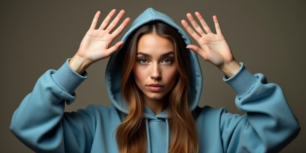 a woman in a hoodie is holding her hands up in the air with her hands up in the air, Elina Karimova,