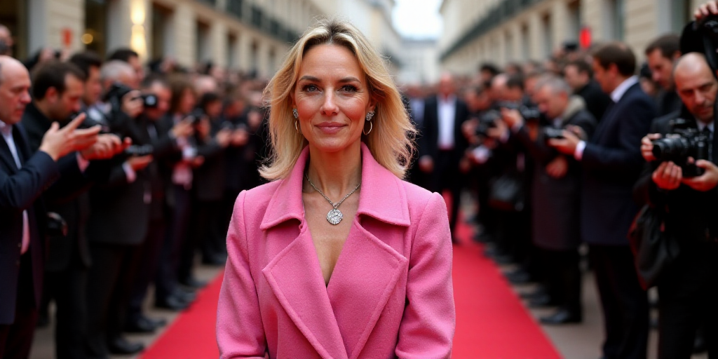 a woman in a pink jacket is surrounded by photographers and photographers on a red carpeted area wit