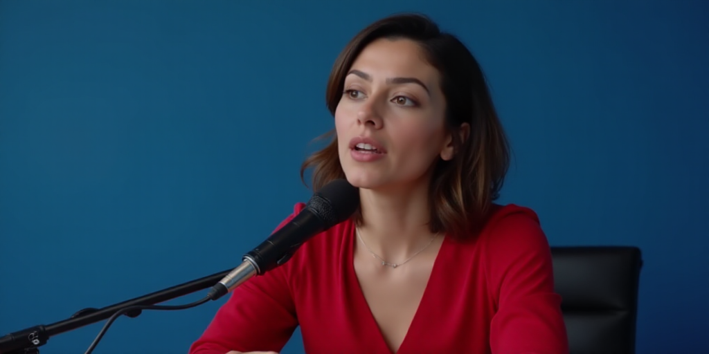 a woman in a red shirt is speaking into a microphone and a chair behind her is a blue wall, Eva Gonz
