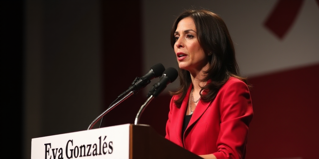 a woman in a red suit speaking at a podium with a microphone in front of her and a sign behind her,