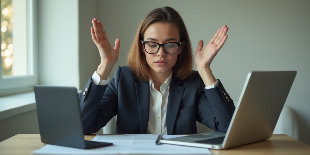 a woman in a suit and glasses holds her hands up in the air while sitting at a table with a laptop,