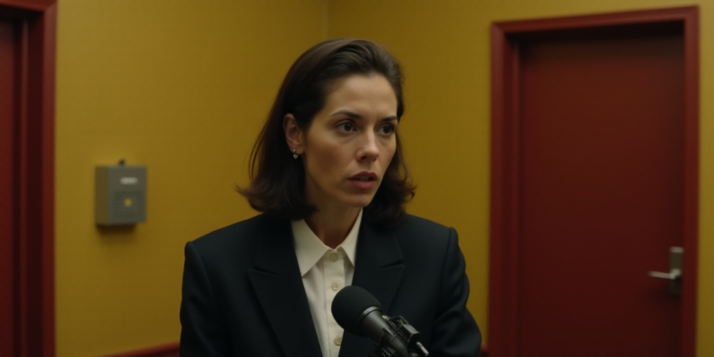 a woman in a suit speaking into a microphone in a room with a red door and a yellow wall, Eva Gonzal