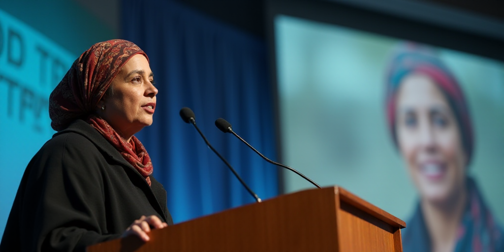 a woman in a turban speaking at a podium with a microphone in front of her and a screen behind her,