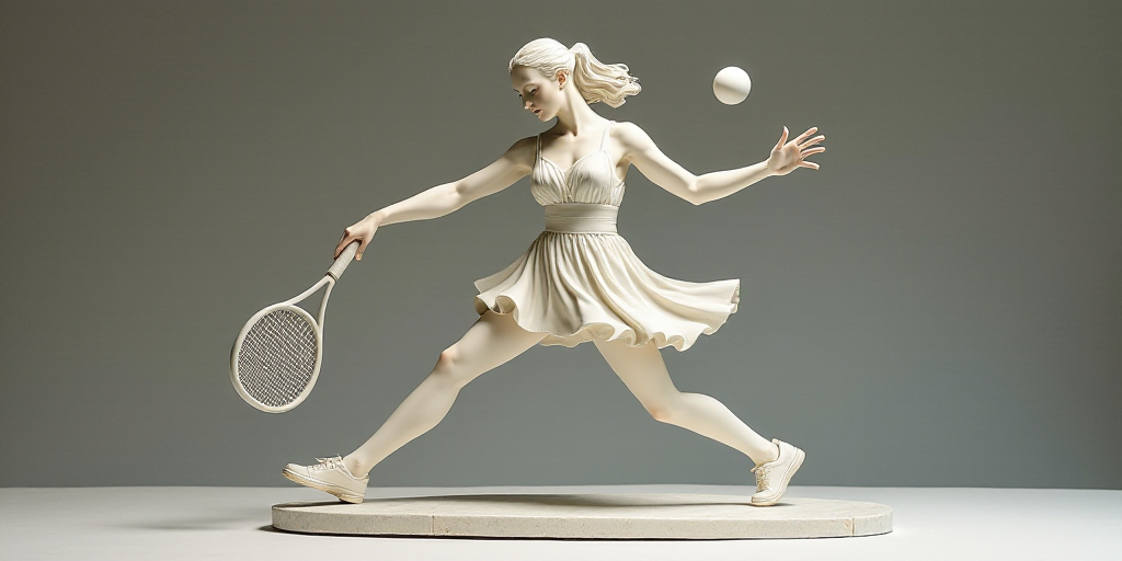 a woman in a white dress playing tennis on a court with a racket in her hand and a ball in the air,