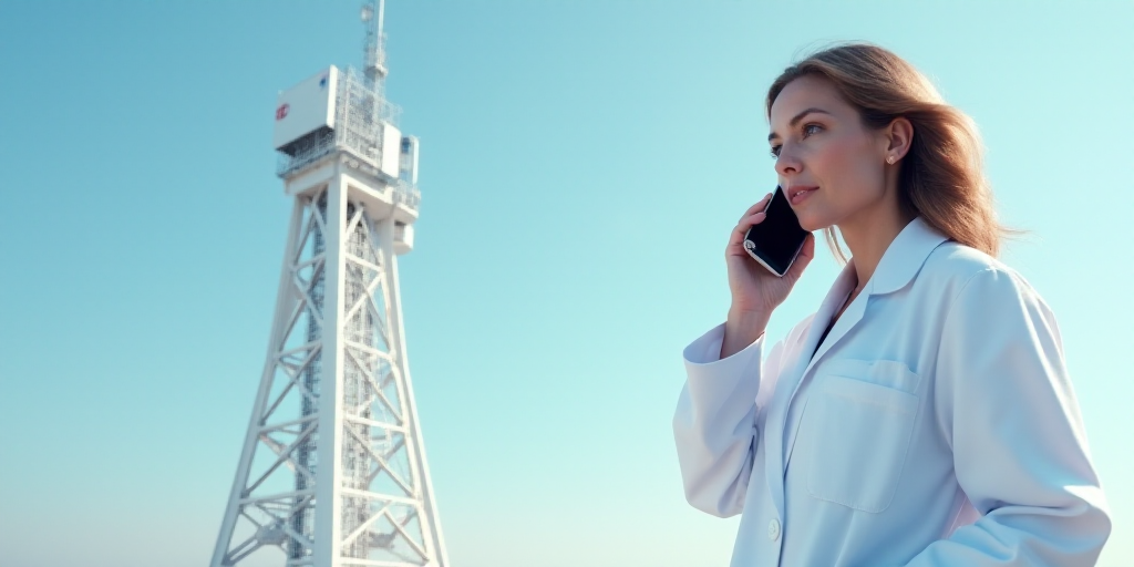 a woman in a white lab coat is on a cell phone and is next to a tower with a logo, Ceferí Olivé, w