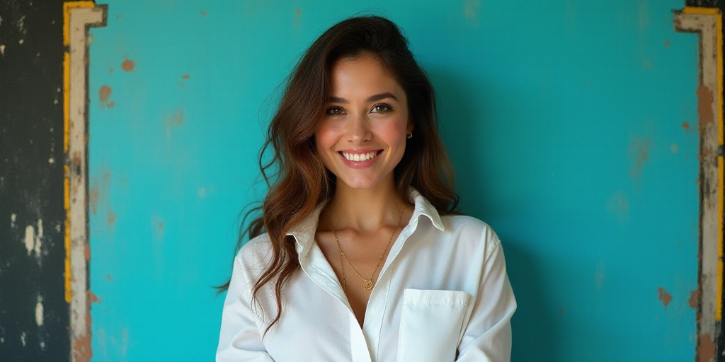 a woman in a white shirt is smiling for the camera with a blue background and a black and yellow bor