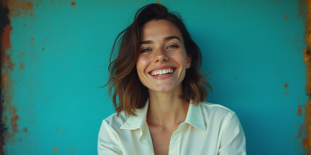 a woman in a white shirt is smiling for the camera with a blue background and a black and yellow bor