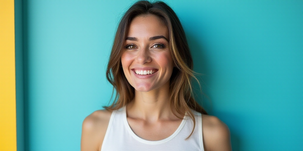 a woman in a white top is smiling for the camera with a blue background and a black and yellow borde