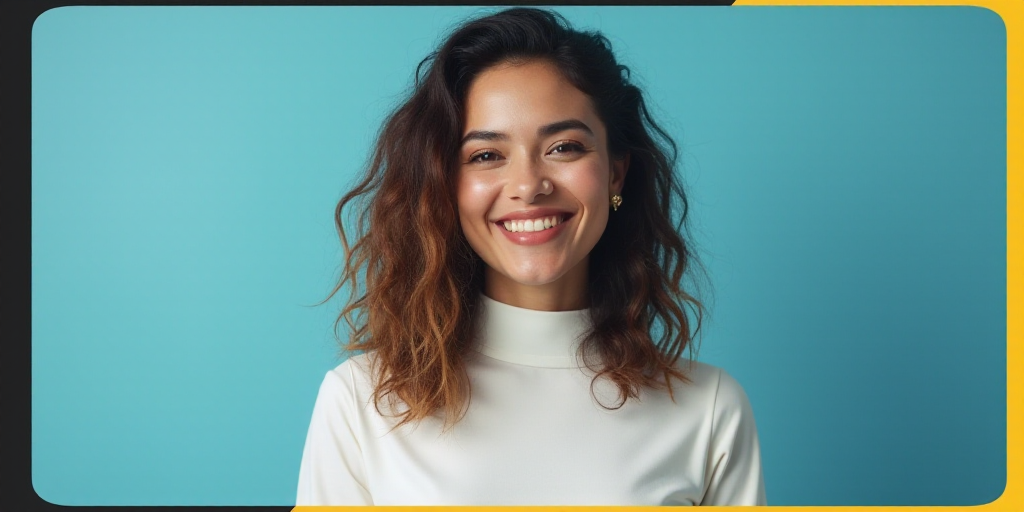 a woman in a white top is smiling for the camera with a blue background and a black and yellow borde