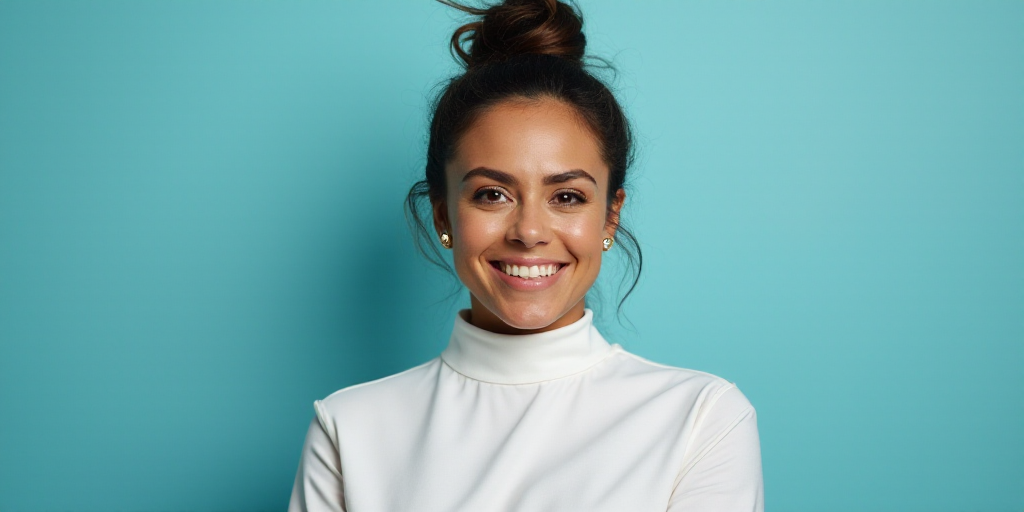 a woman in a white top is smiling for the camera with a blue background and a black and yellow borde